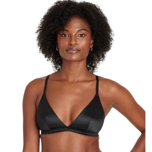 Auden Ladies Size Medium Black Satin Unlined Triangle Bralette Stretch NWT - Picture 1 of 5